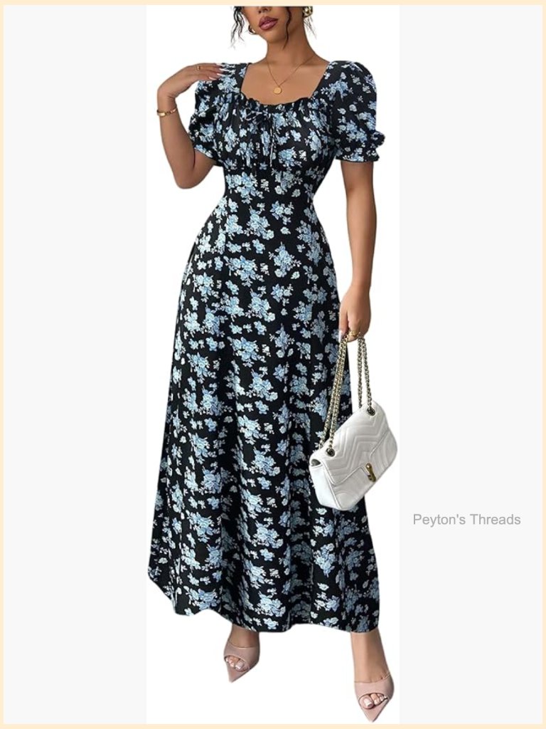 Floral Short Puff Sleeve Milkmaid Dress Boho A Line Maxi